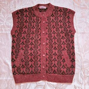 Vintage Fuzzy Maroon & Black Knit Vest Front Buttons Side Slash Pockets M/L